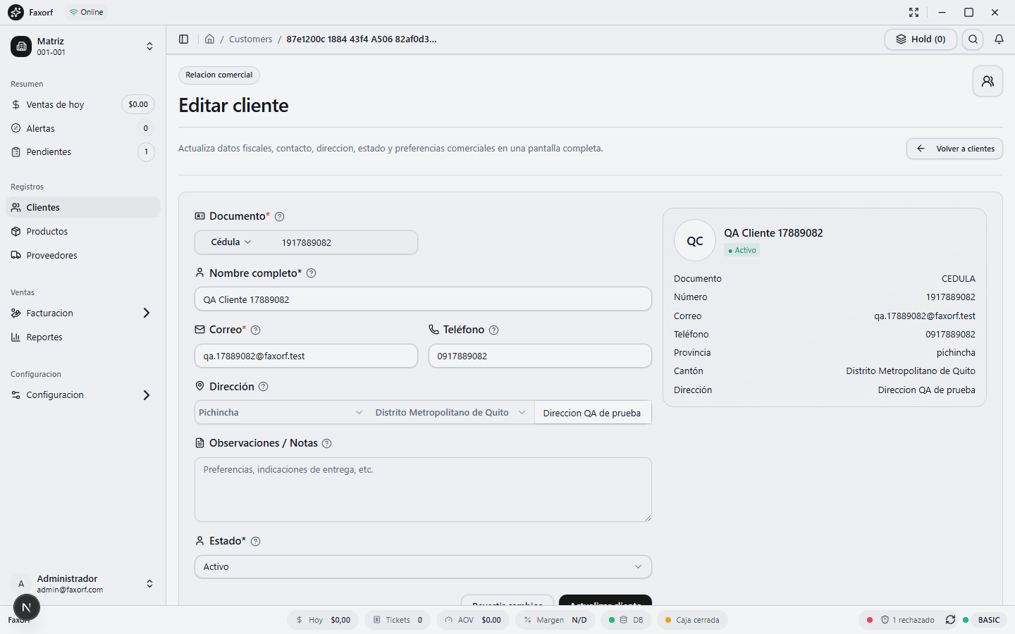 Clientes y datos comerciales en Faxorf POS